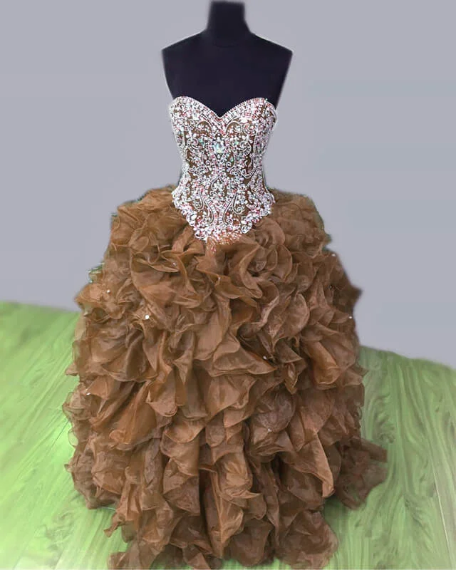 Crazy Savings Brown Organza Quinceanera Dresses Beaded Sweetheart