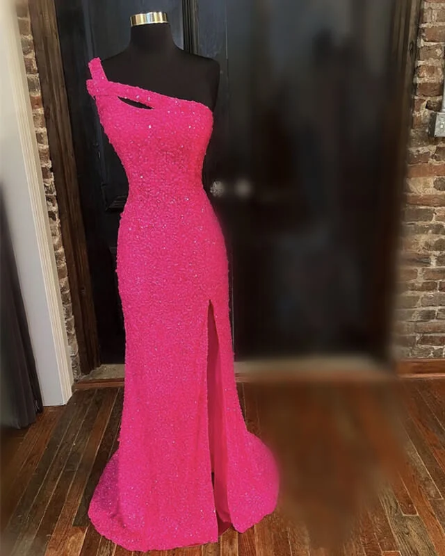 Steals and Deals Mermaid One Shoulder Slit Sequin Dress