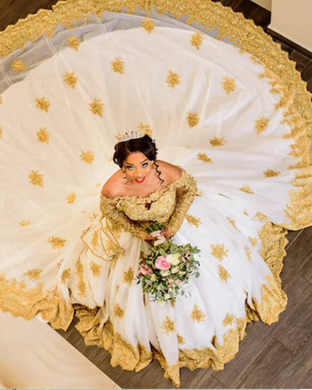 Anniversary Sale Gold Lace Wedding Dress Ball Gown Long Sleeves
