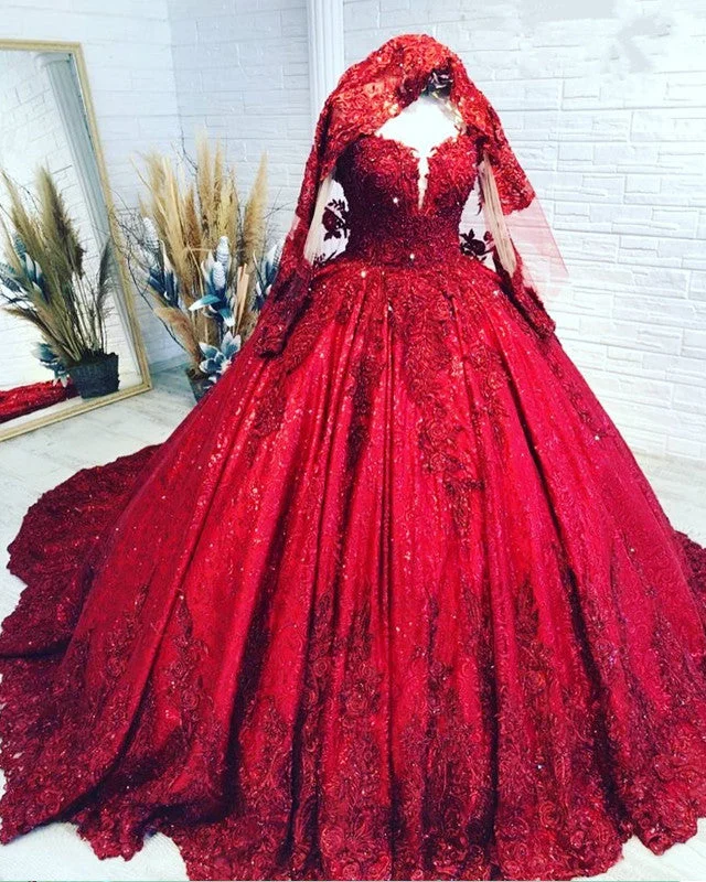 Markdowns Red Sequins Lace Wedding Dress Ball Gown Long Sleeves