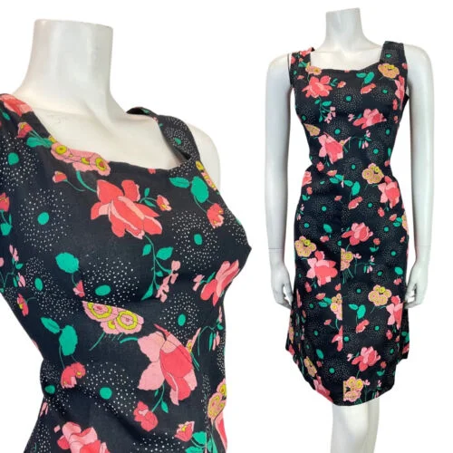 Exclusive Savings VINTAGE 60s 70s BLACK PINK GREEN FLORAL ROSE DOTTY SUMMER SUN DRESS 12