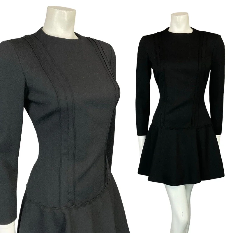 Daily Specials VTG 60S MOD GOGO BLACK EVENING LONG SLEEVE DROP WAIST LITTLE BLACK DRESS S 8 10