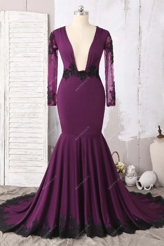 Price Drop Alert Lace Grape Jersey Illusion Plunging Prom Dress
