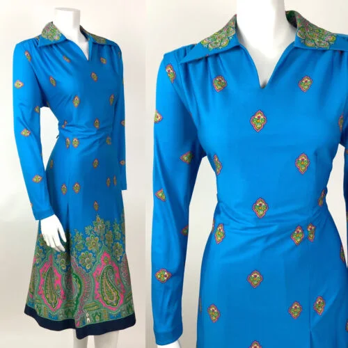 Unbeatable Prices VTG 60s 70s BLUE PINK GREEN FLORAL PAISLEY INDIAN ETHNIC DAGGER COLLAR DRESS 16