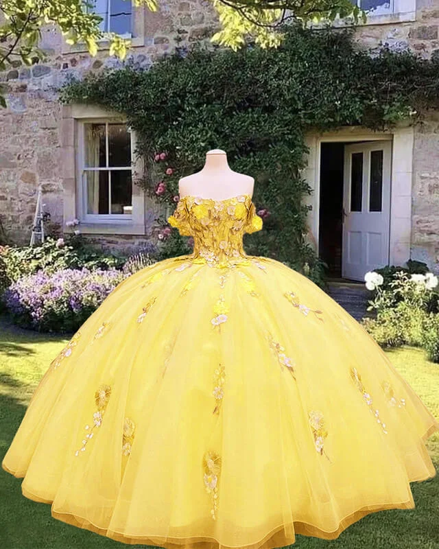 Super Sale Yellow Floral Flowers Quinceanera Dresses