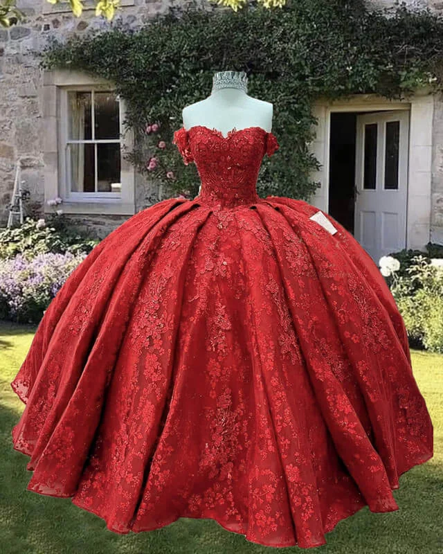 Today's Special Red Lace Embrodiery Ball Gown Off Shoulder Dress