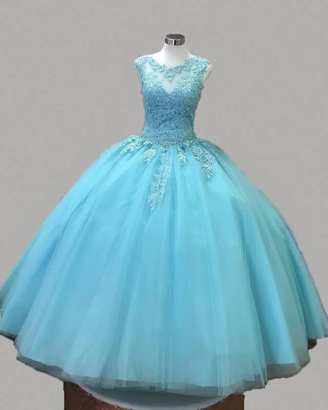 Stock Clearance Aqua Blue Tulle Quinceanera Dresses Lace Appqliues