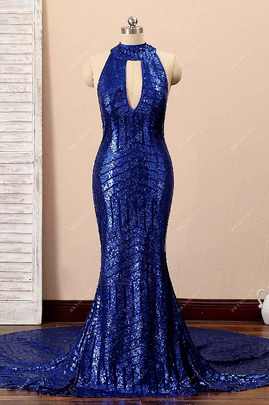 Today Only Royal Blue Sequin Choker Neck Mermaid Prom Dress