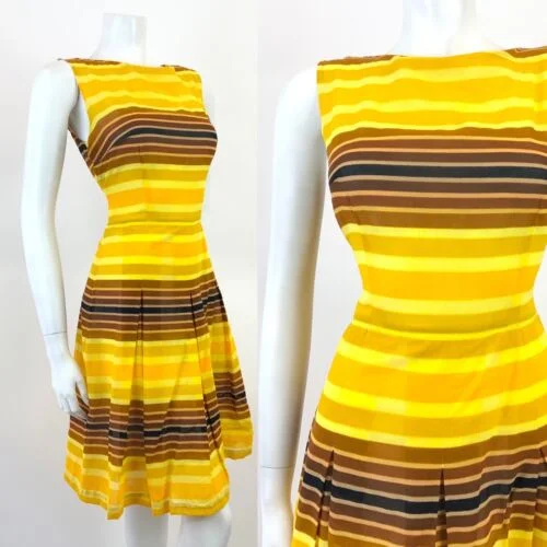 Final Clearance VINTAGE 60s 70s YELLOW BROWN BLACK STRIPED MOD SLEEVELESS SUMMER DRESS 10