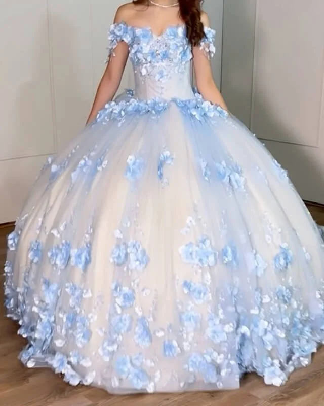 Unbeatable Prices Ball Gown Tulle Off The Shoulder Quinceanera Dresses With Blue Flowers