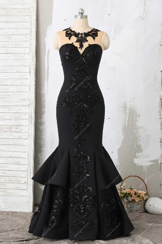 Inventory Reduction Black Beaded Lace Crepe Trumpet Godet Prom Dress