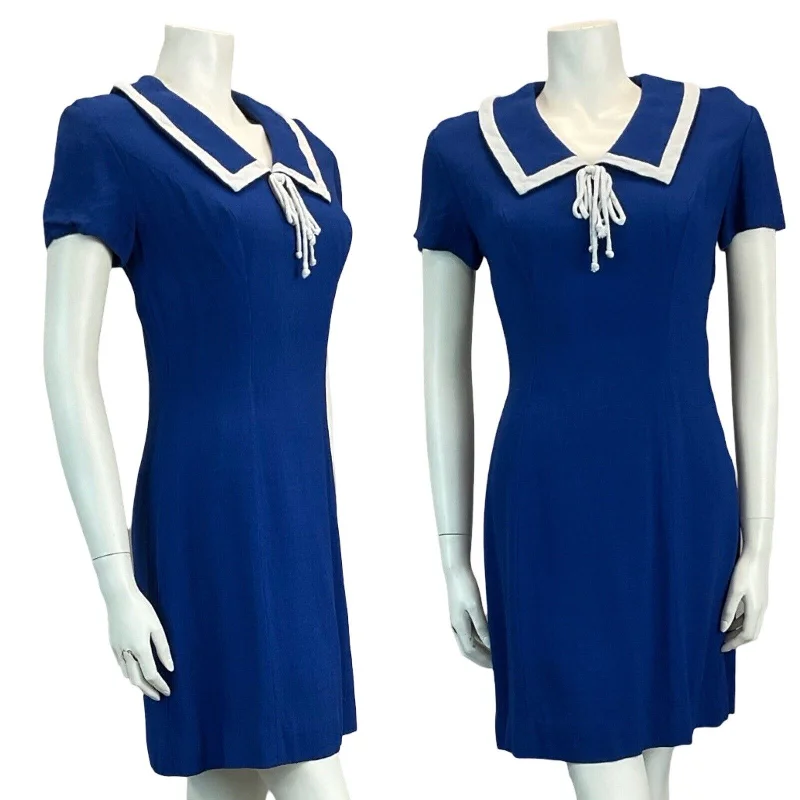 TIME-Limited Offer VTG 60S 70S ROYAL BLUE NAUTICAL LINEN FEEL MINI DRESS MOD GOGO SCOOTER 8 10
