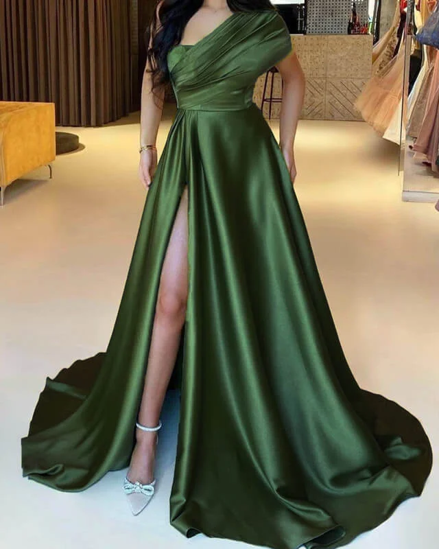 Overstock Olive Green Satin One Shoulder Slit Dress