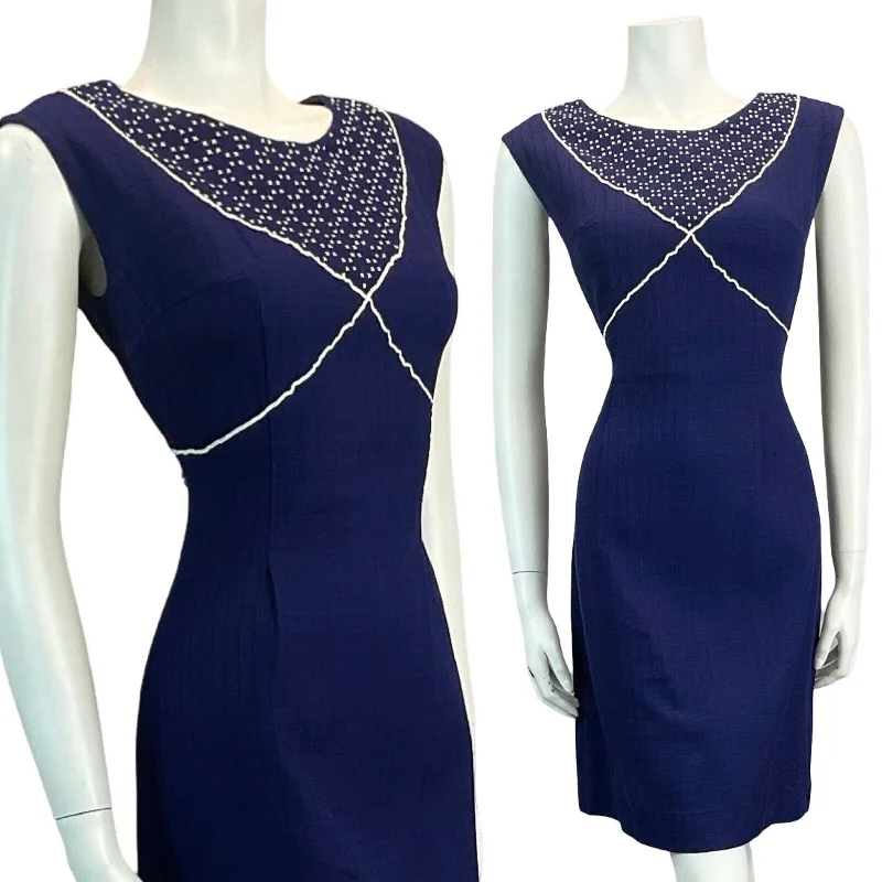 Price Drop VTG 60S 70S MIDI SHIFT DRESS NAVY WHITE CROSS STITCH MOD 10