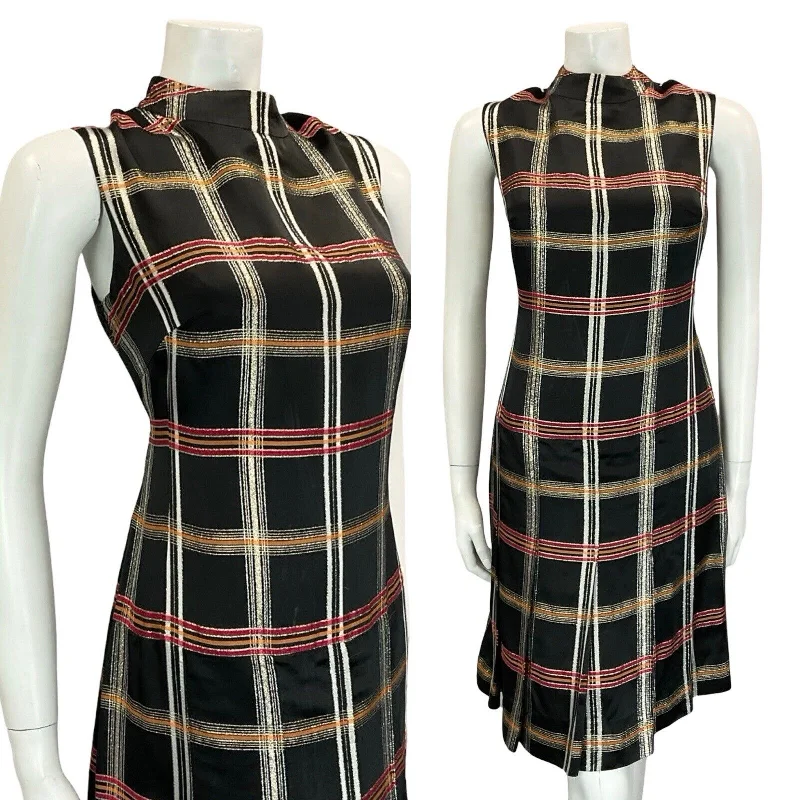 Special Buy VTG 60S BLACK RED GOLD FUNNEL NECK PLEATED SLEEVELESS MOD PARTY DRESS M 12 14