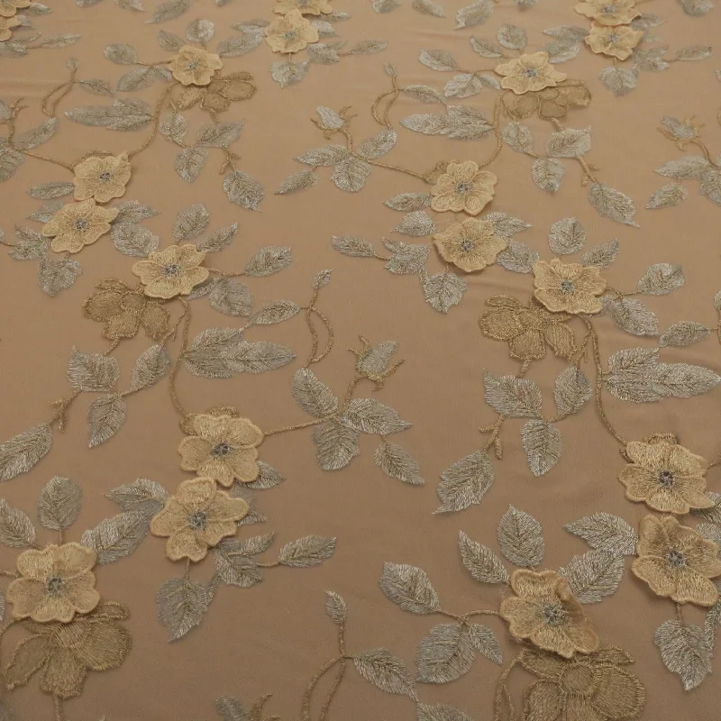 Super Sale White Tulle with Silver and Beige 3D Floral Design Embroidered Fabric