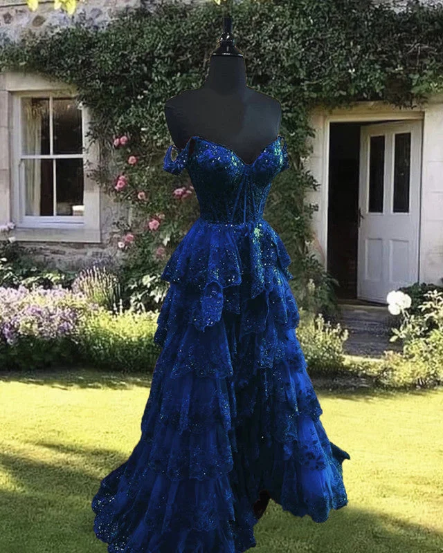 Sale Event Navy Blue Lace Ruffles Split Dress