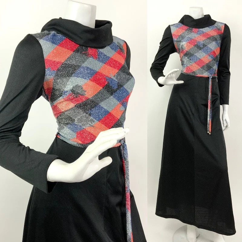 Exclusive Preview VTG 60s 70s BLACK RED ORANGE SILVER BLUE LUREX DIAMOND CHECK MAXI DRESS 10