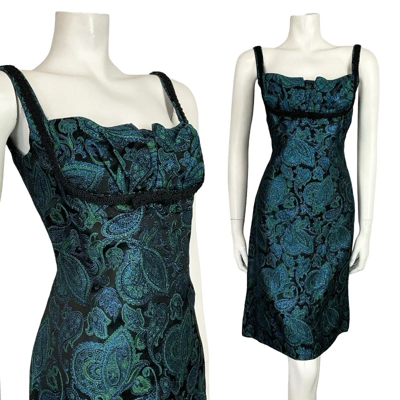 Savings Bonanza VTG 60S BLACK BLUE GREEN METALLIC PAISLEY FLORAL EMPIRE STRAPPY PARTY DRESS 8 10
