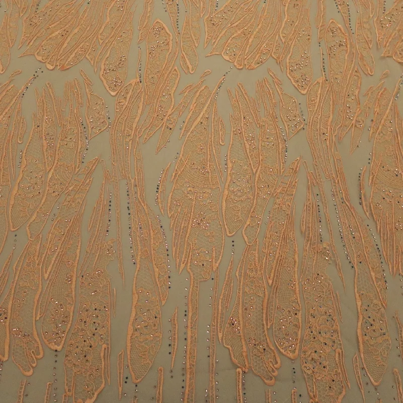 Savings Event Orange Embroidery with Small Crystals Abstract Embroidered Tulle Fabric