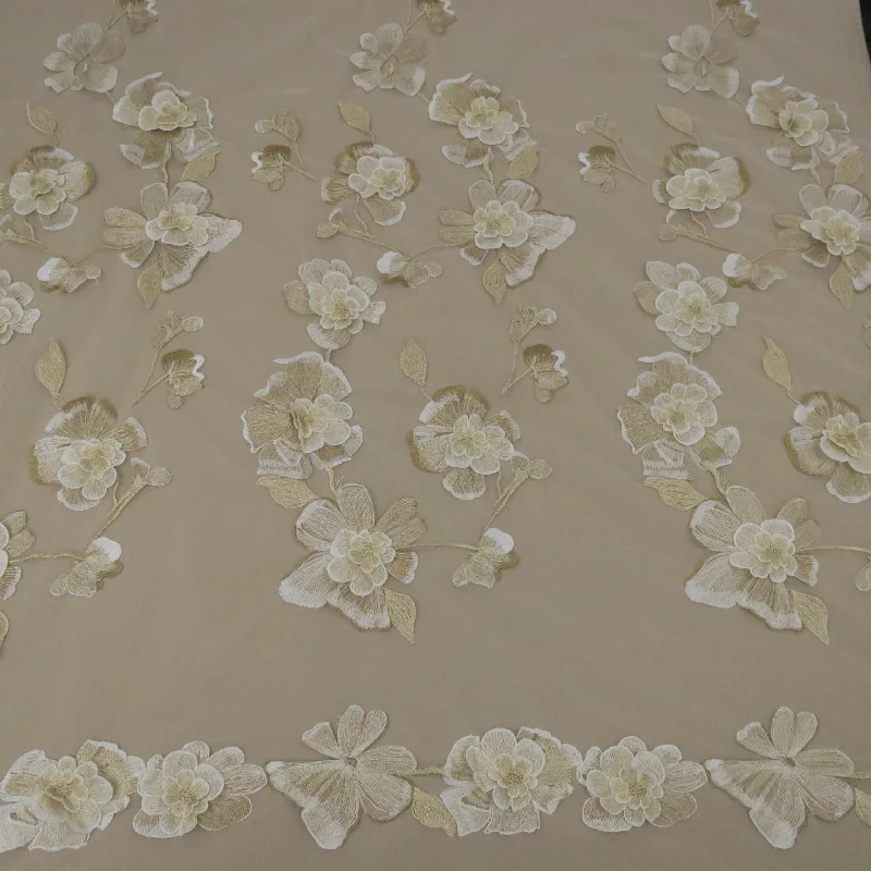 Extra Savings White Tulle with Beige Floral Embroidered Fabric