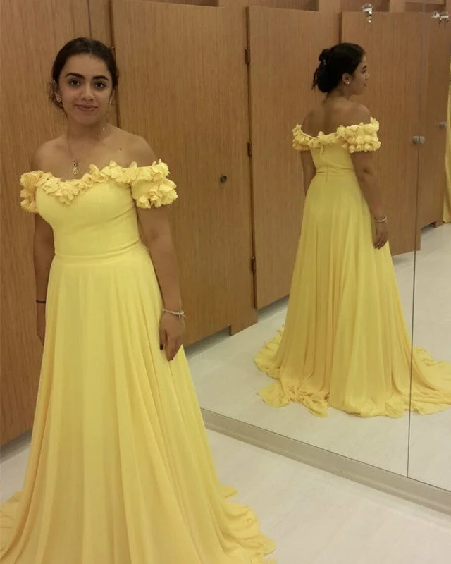 Weekend Flash Sale Yellow Flowers Off The Shoulder Chiffon Dress