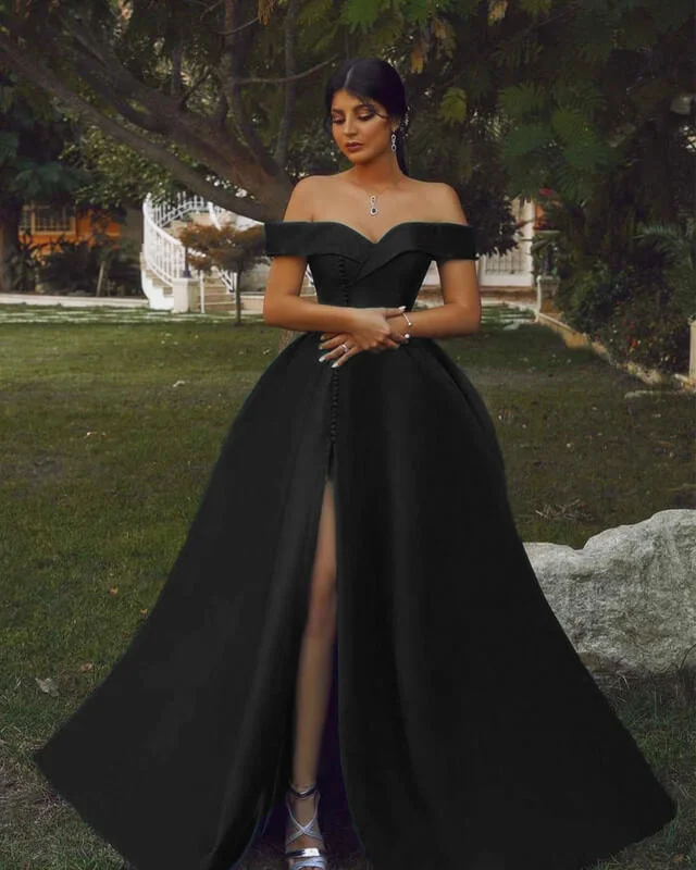 Special Discount Long Black Satin Off Shoulder Split Dress