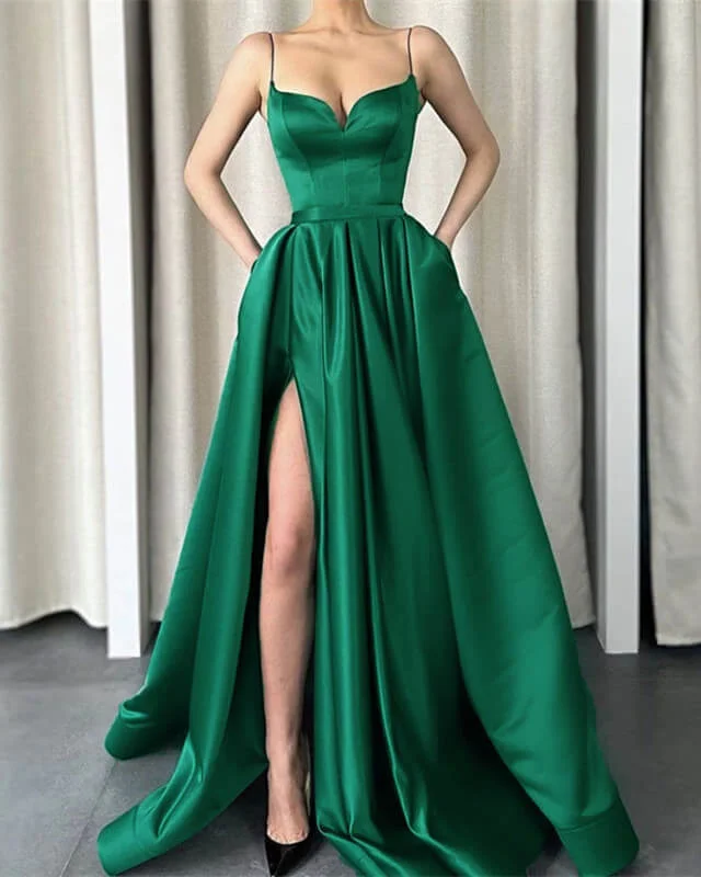 Reduced Prices Simple Long Satin Slit Dresses With Pockets