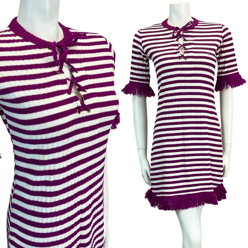 Savings Galore VTG 60S 70S PURPLE LACE NECK RIB KNIT BEACH GOGO MINI DRESS 8 10 12