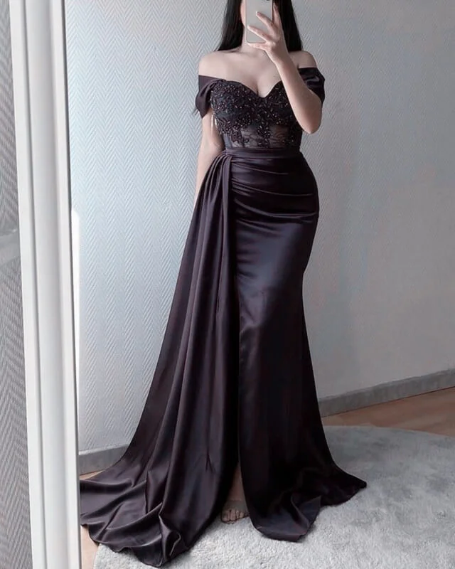 Deal of the Day Mermaid Appliques Sheer Corset Satin Slit Dress