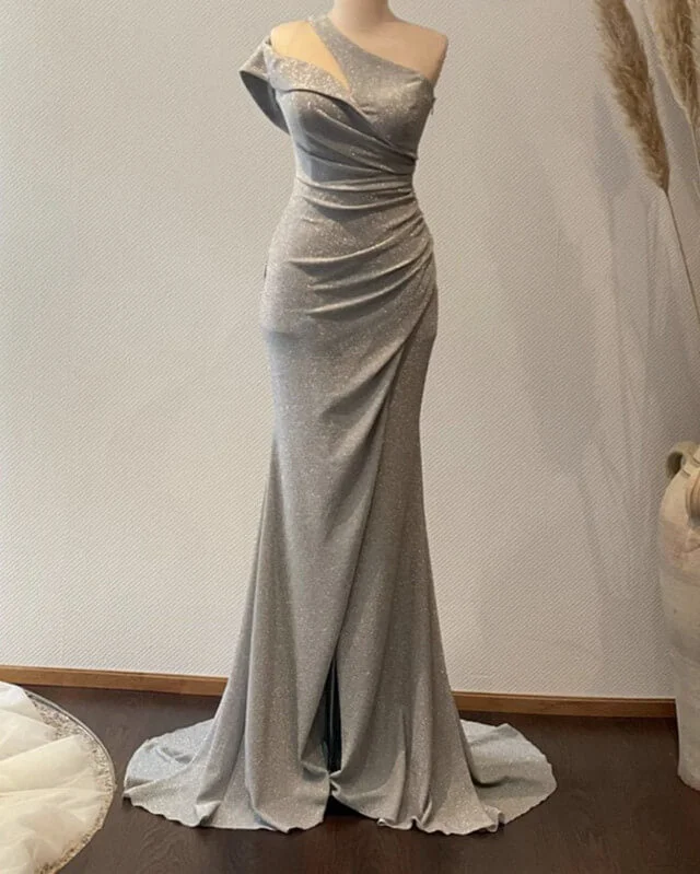 Year-End Sale Mermaid Silver Glitter Dress One Shoulder Split