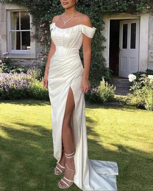 Final Clearance Mermaid White Satin Corset Slit Dress