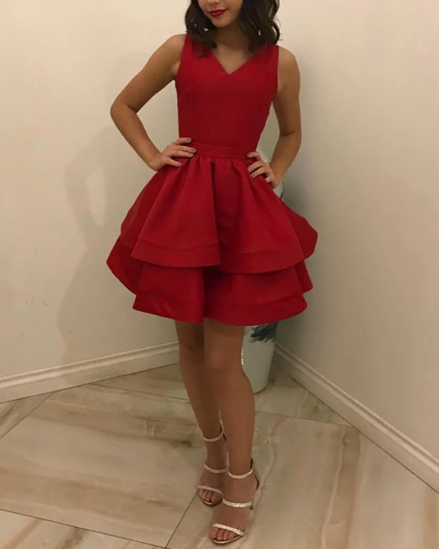 Final Clearance Short Red Satin V-neck Tiered Dress