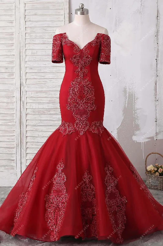 Bargain Blast Dark Red Lace Off-the-shoulder Trumpet Prom Dress
