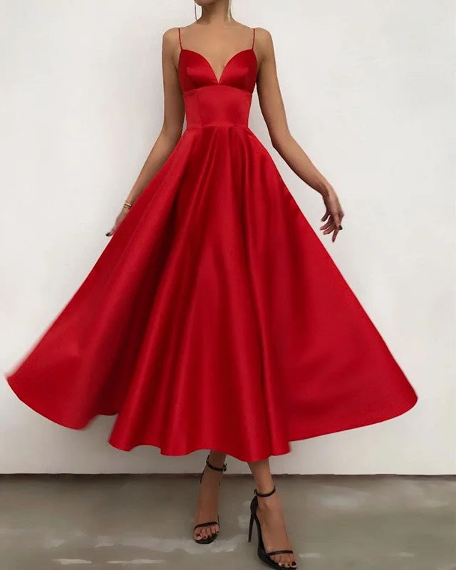 Today’s Deal Tea Length Bridesmaid Dresses Satin V Neck Spaghetti Straps