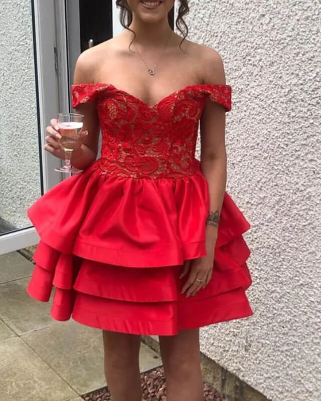 Low Prices Short Red Ruffles Satin Lace Off The Shoulder Dress