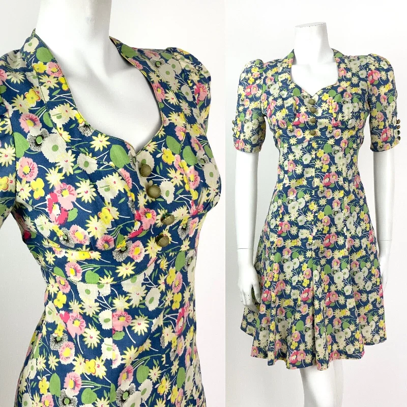 Steals and Deals VINTAGE 60s 70s BLUE GREEN WHITE PINK FLORAL LEAFY DITSY TEA DRESS 8