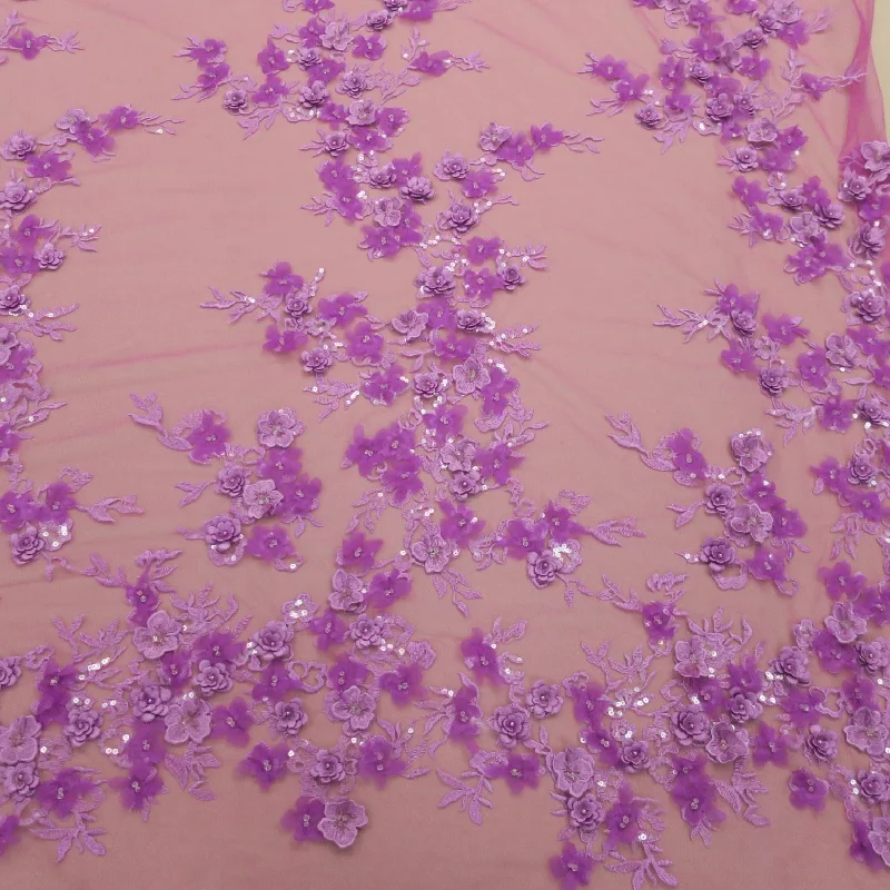 Grand Opening Sale Magenta 3D High Relief Embroidery Tulle Fabric
