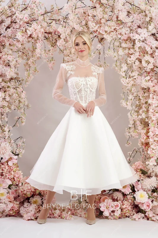 Sale Event Vintage Sheer High Neck Buttoned Back Tea Length Wedding Dress