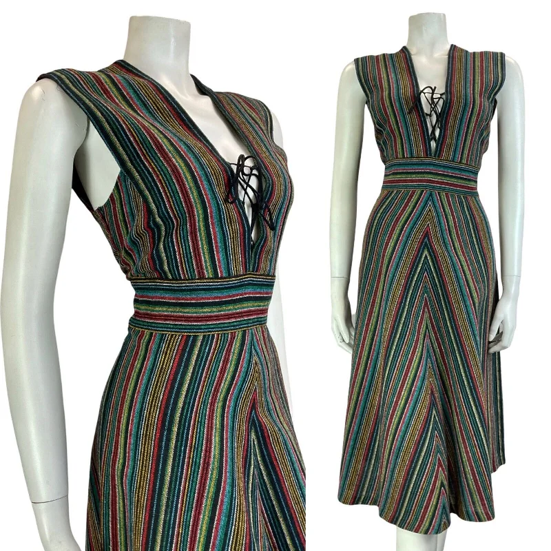 Buy More, Save More VTG 70S SWEDISH FOLK BLACK BLUE RED GREEN STRIPED TUNIC MIDI LACE UP DRESS 10