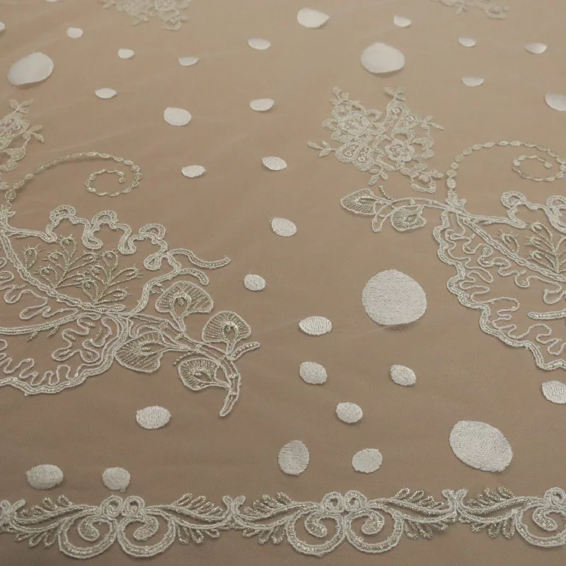 Incredible Offers White Tulle with Silver and White Floral Design  Scallop Embroidered Fabric