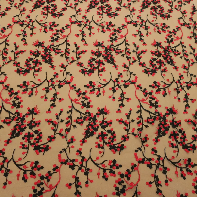 Referral Discount Nude Tulle with Red and Black Floral Embroidery Fabric