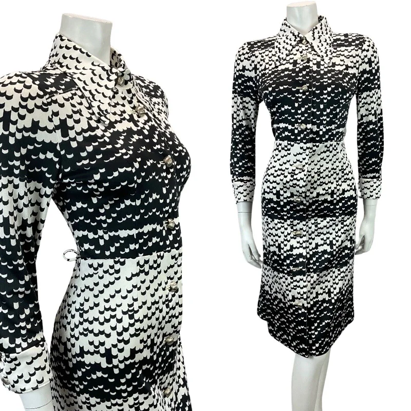 Price Slash VINTAGE 60s 70s WHITE BLACK ABSTRACT PATTERN MOD BOHO MIDI DRESS 12 14