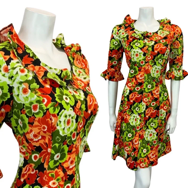 Deal Frenzy VINTAGE 60s 70s GREEN RED BLACK WHITE FLORAL PRINT RUFFLED MIDI DRESS 12