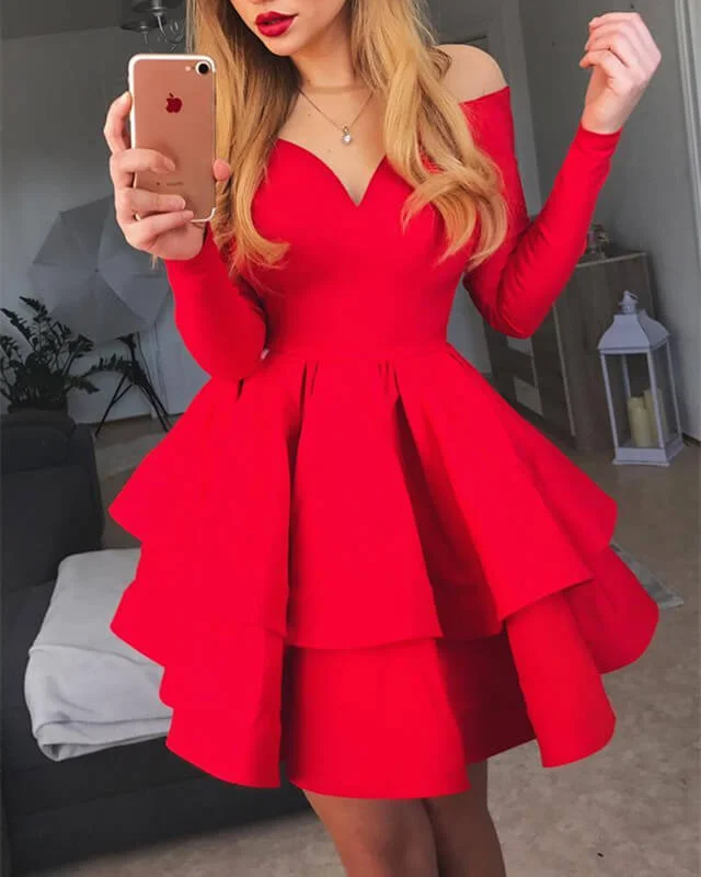 New Deals Red Sheer Neck Long Sleeve Prom Short Dress