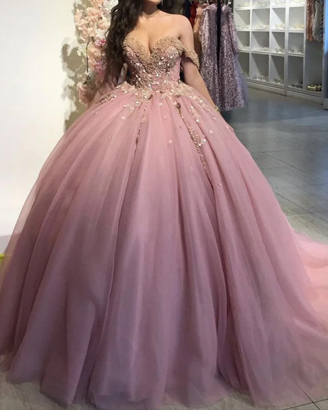 Stock Clearance Tulle Quinceanera Dresses Ball Gown Sequins Beaded Off The Shoulder