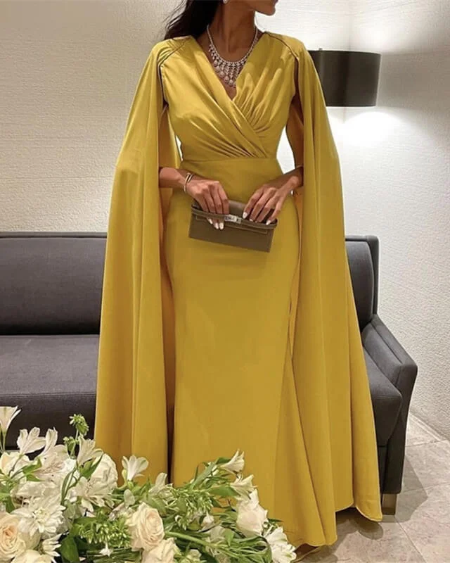 Limited Stock Pale Yellow Satin Dress With Cape Sleeve