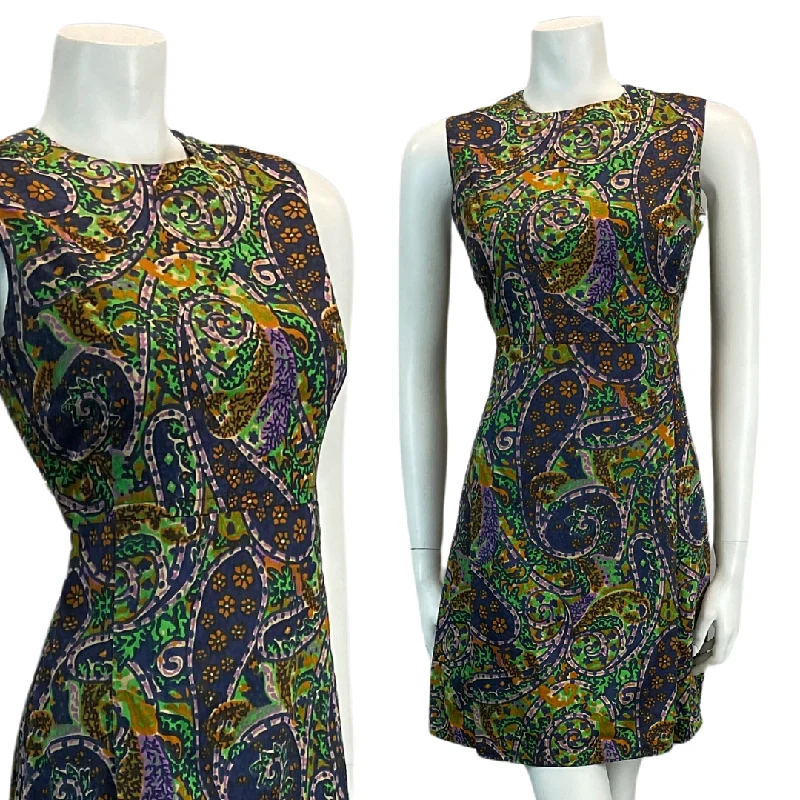 Final Clearance VTG 60S PAISLEY PSYCHEDELIC MINI MOD GOGO SCOOTER DRESS GREEN PURPLE BLUE 8 10