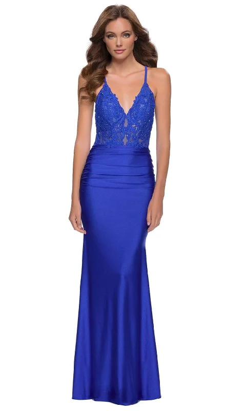 Clearance Sale La Femme - 29688 Jersey Lace Plunging V Neck Dress