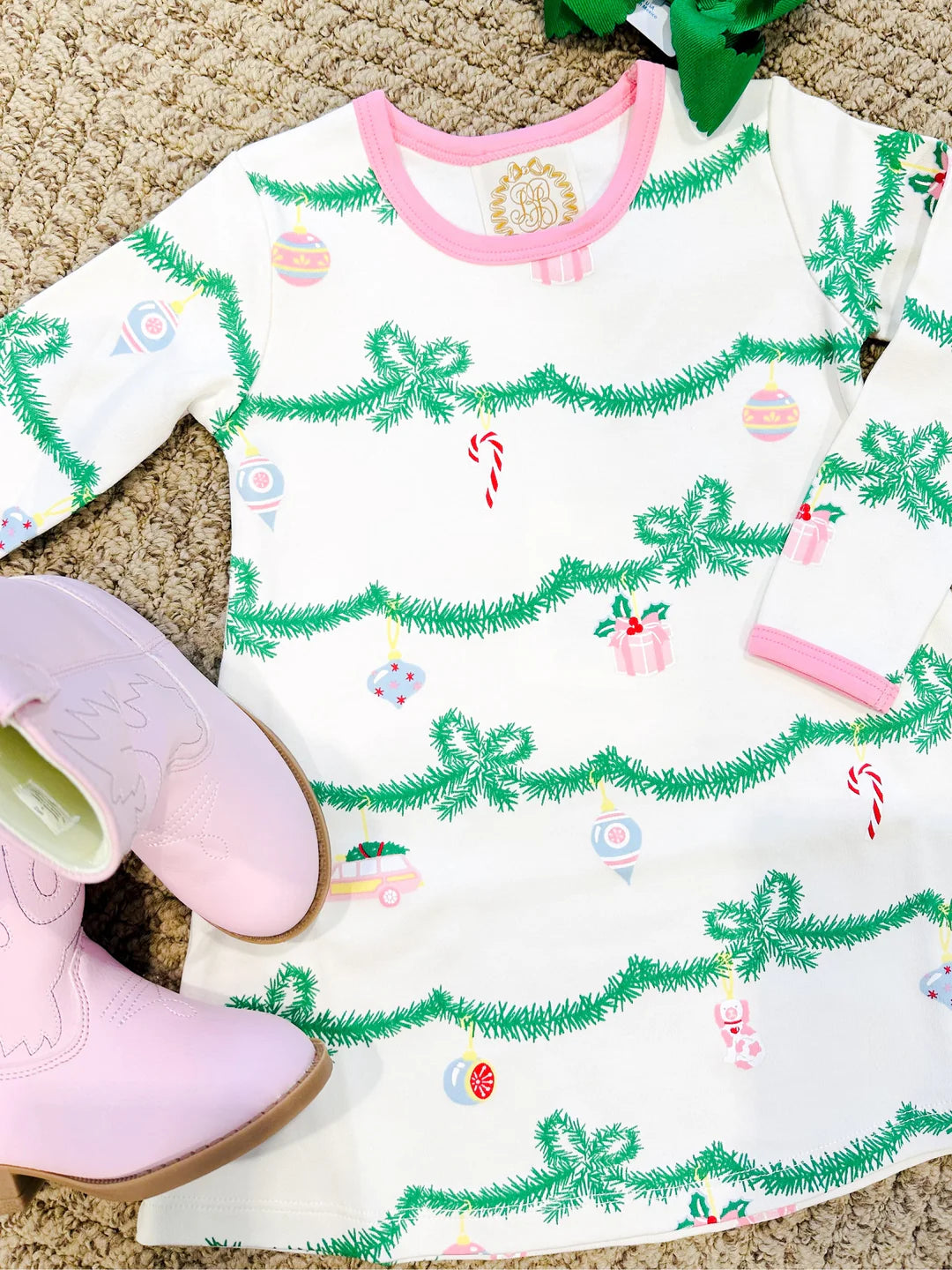 Clearance Event Long Sleeve Polly Play Dress Deck the Halls, Palmetto Pearl/Hamptons Hot Pink